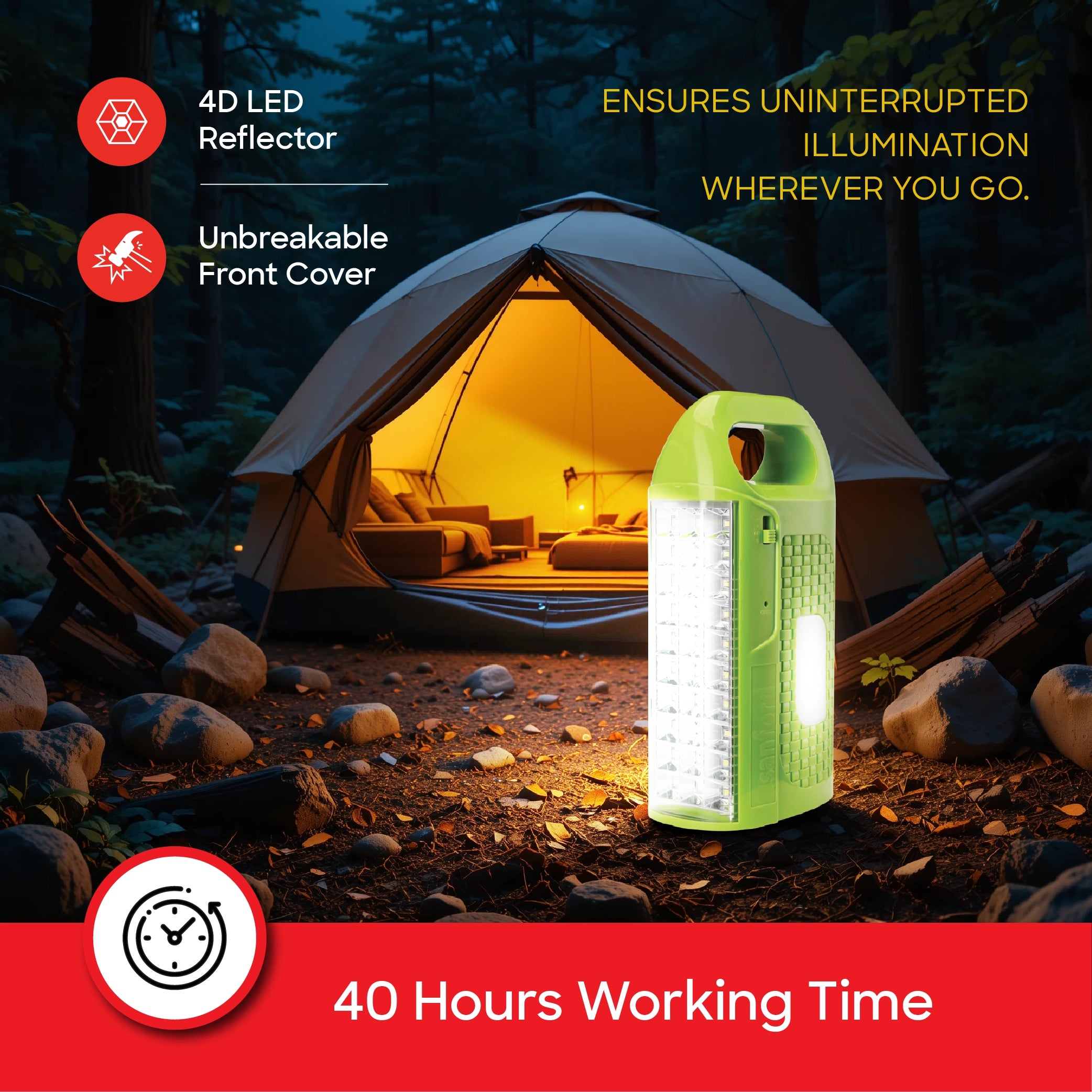 Sanford SF473EL 5W LED Lantern – lifestyle shot, lantern at a campsite, 40-hour runtime