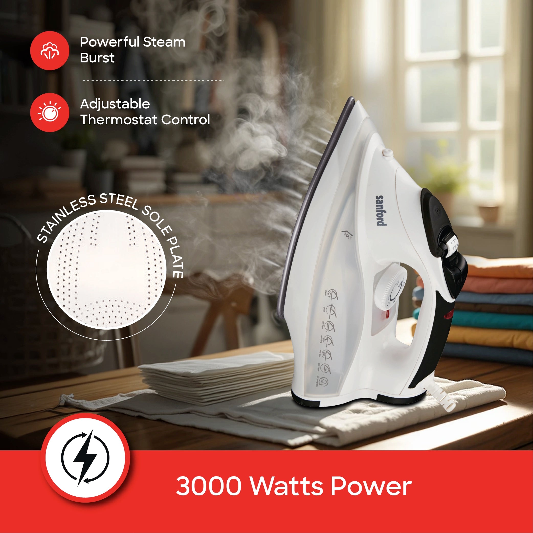 Steam iron 3000W with burst steam spray function ceramic soleplate sanford 3