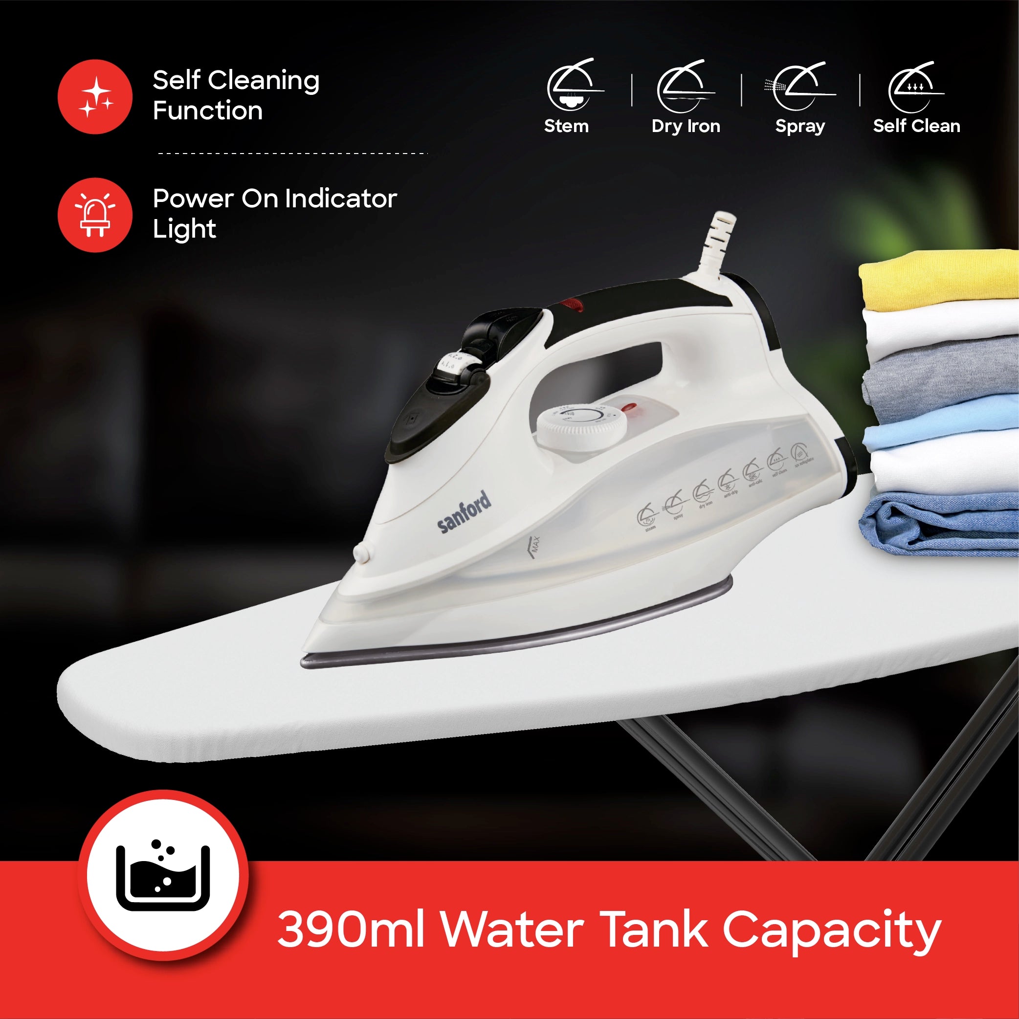 Steam iron 3000W with burst steam spray function ceramic soleplate sanford 4