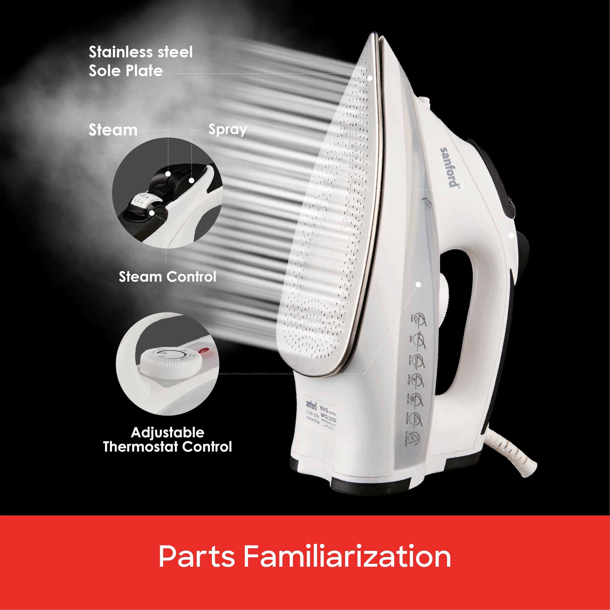 Steam iron 3000W with burst steam spray function ceramic soleplate sanford 5