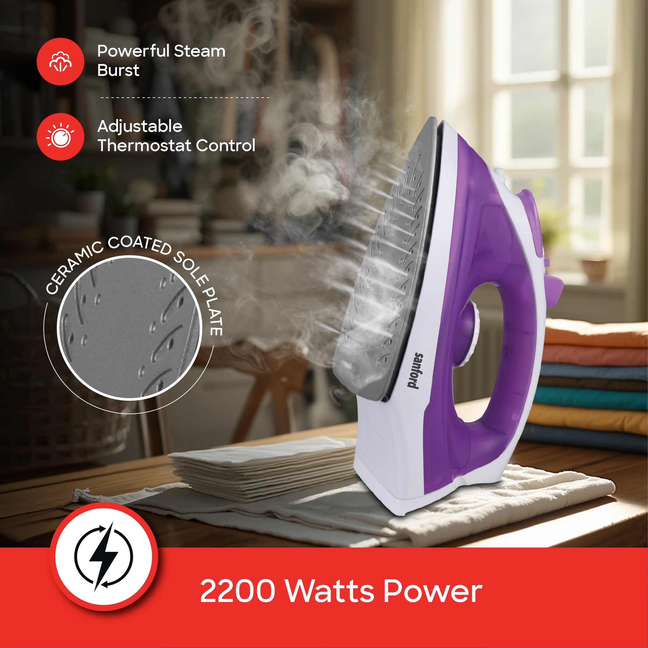  Ceramic Coating steam iron Self Cleaning 2200W Adjustable Thermostat Control sanford 3