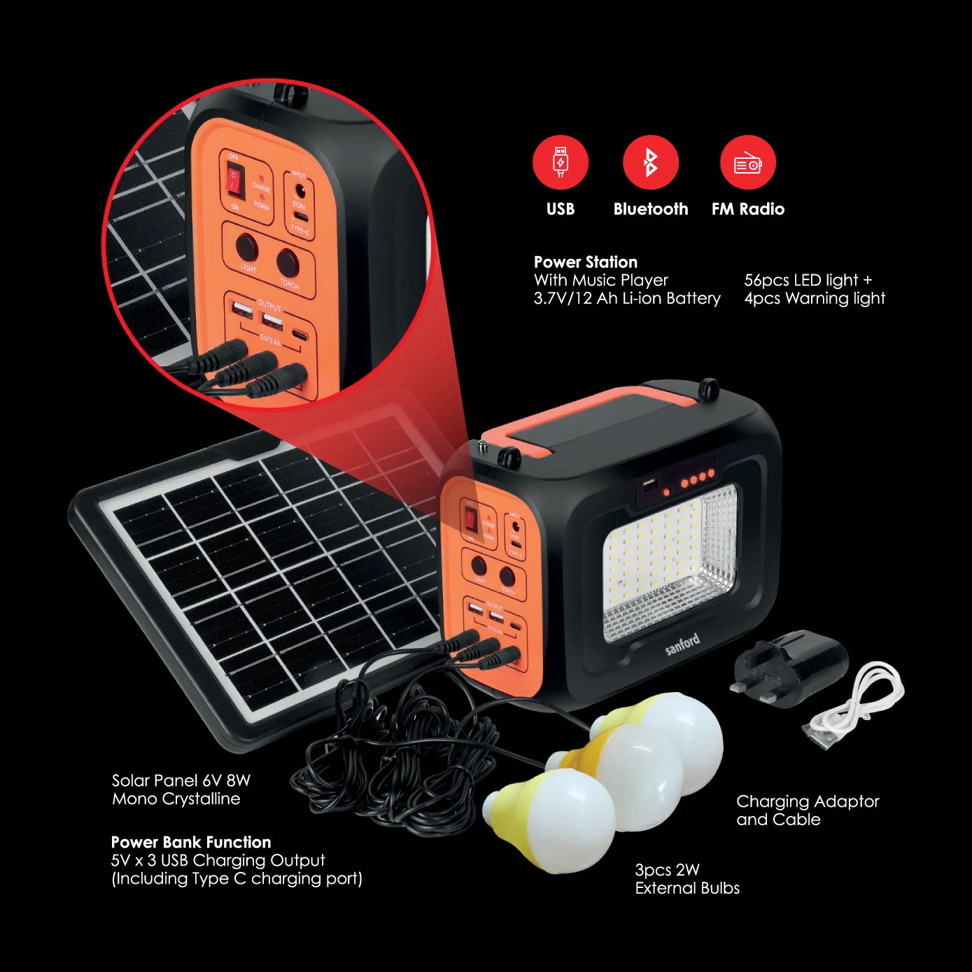 rechargeable power station 5 in 1 bluetooth & FM radio sanford 5