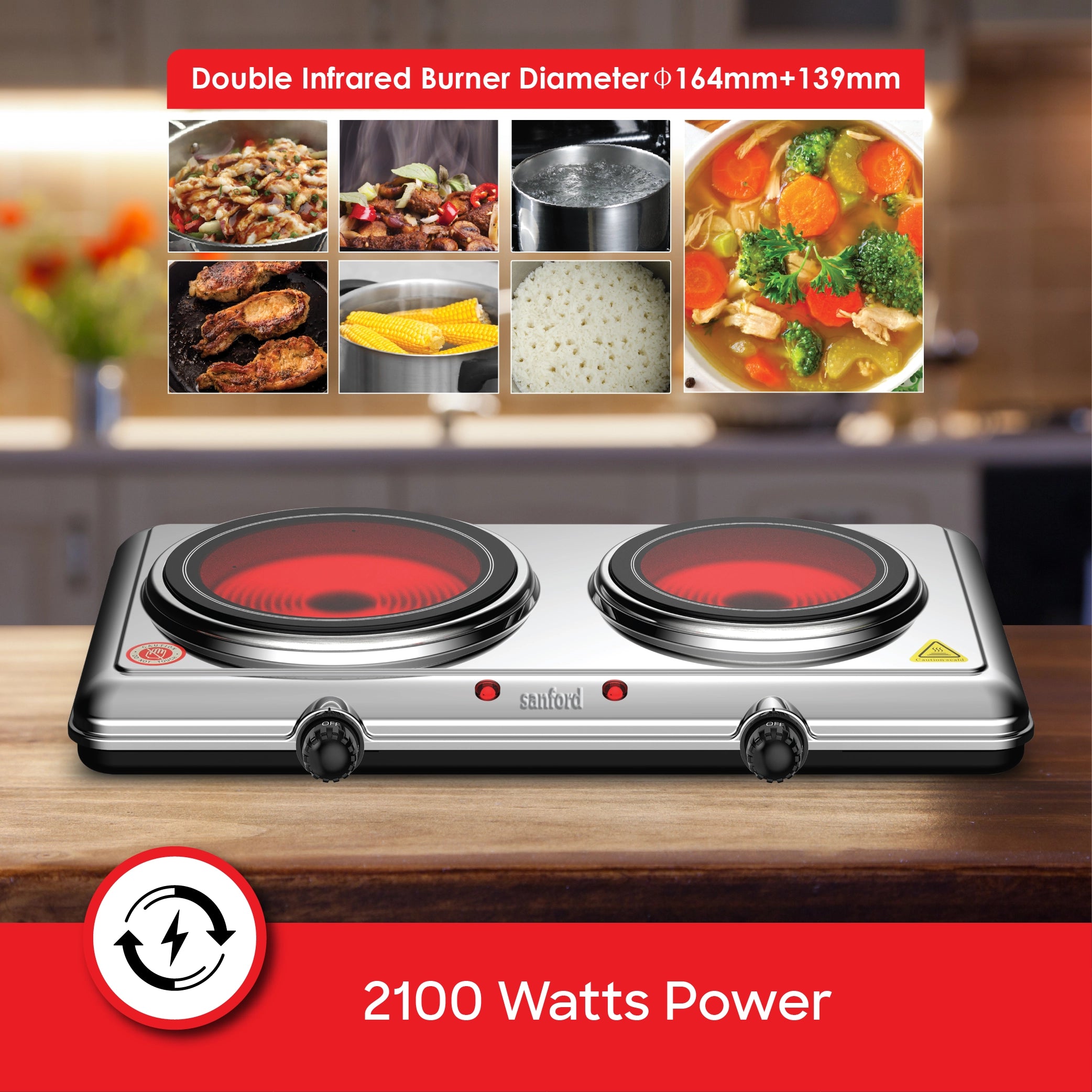 Sanford SF5004IC Infrared Cooker – 2100W power and dual burner callout