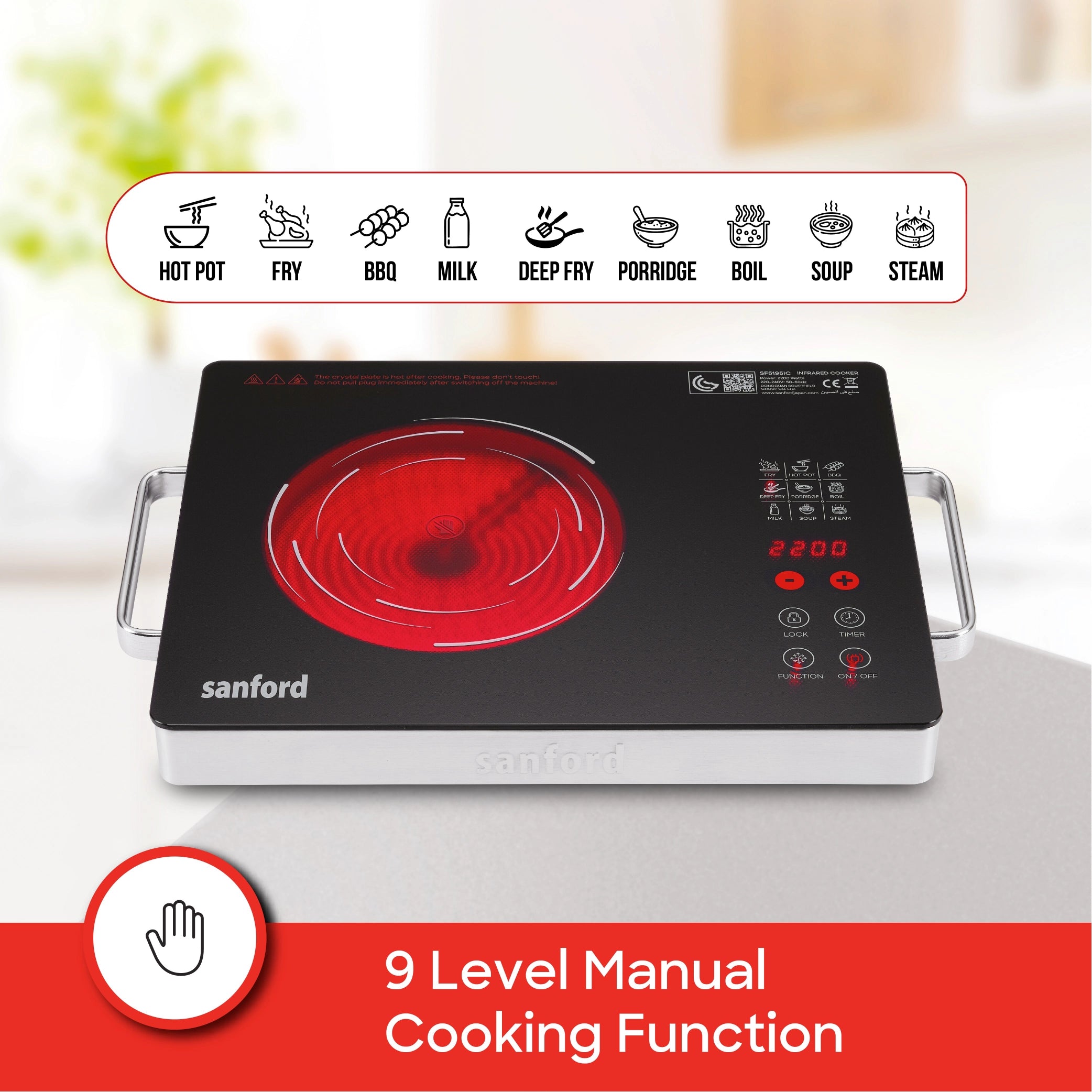  2 in 1 Single Burner Infrared Cooker 2200W with BBQ Grill & timer sanford 4