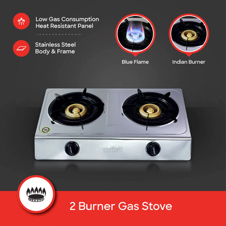 2 burner gas stove stainless steel body auto ignition cast iron burners sanford 3