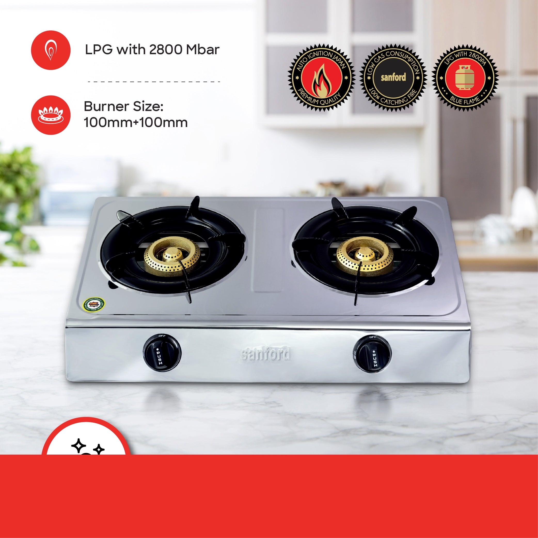 2 burner gas stove stainless steel body auto ignition cast iron burners sanford 4