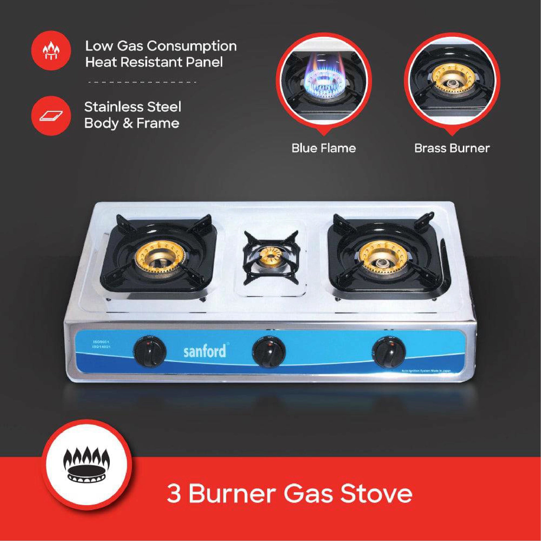 3 burner gas stove with stainless steel auto ignition and high efficiency flame sanford 3
