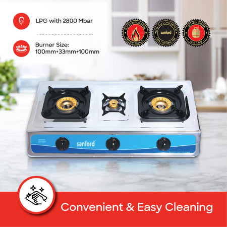 3 burner gas stove with stainless steel auto ignition and high efficiency flame sanford 4