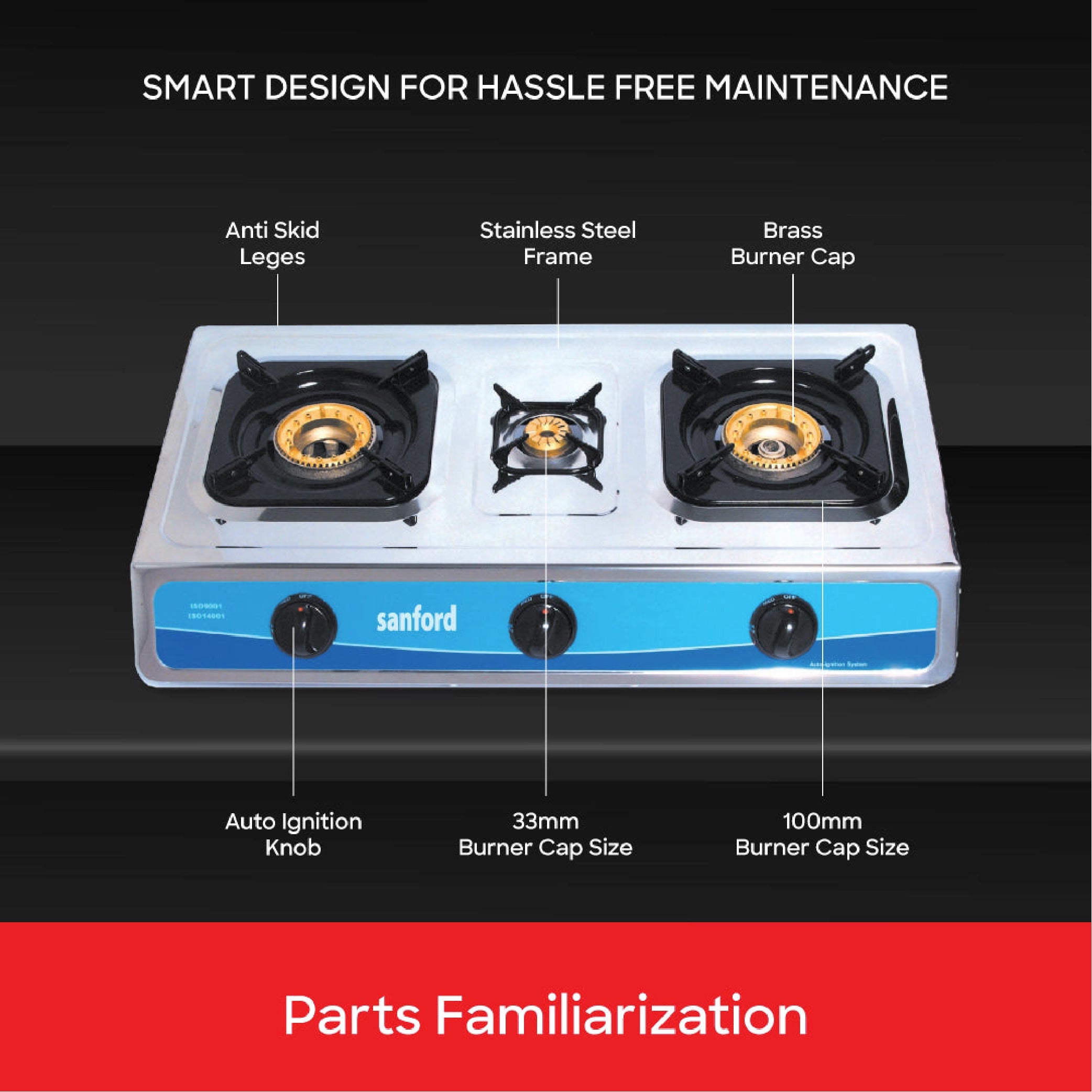 3 burner gas stove with stainless steel auto ignition and high efficiency flame sanford 5