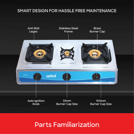 3 burner gas stove with stainless steel auto ignition and high efficiency flame sanford 5