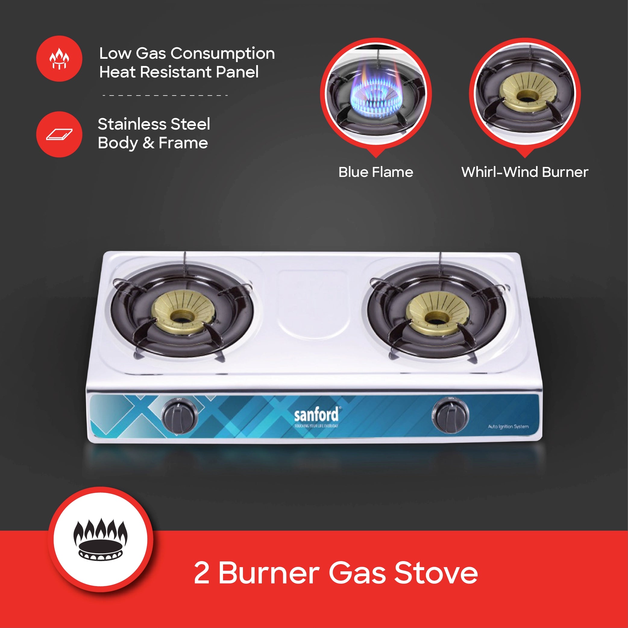 2 burner gas stove with stainless steel body auto ignition and whirl wind sanford 3