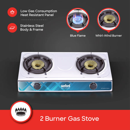 2 burner gas stove with stainless steel body auto ignition and whirl wind sanford 3
