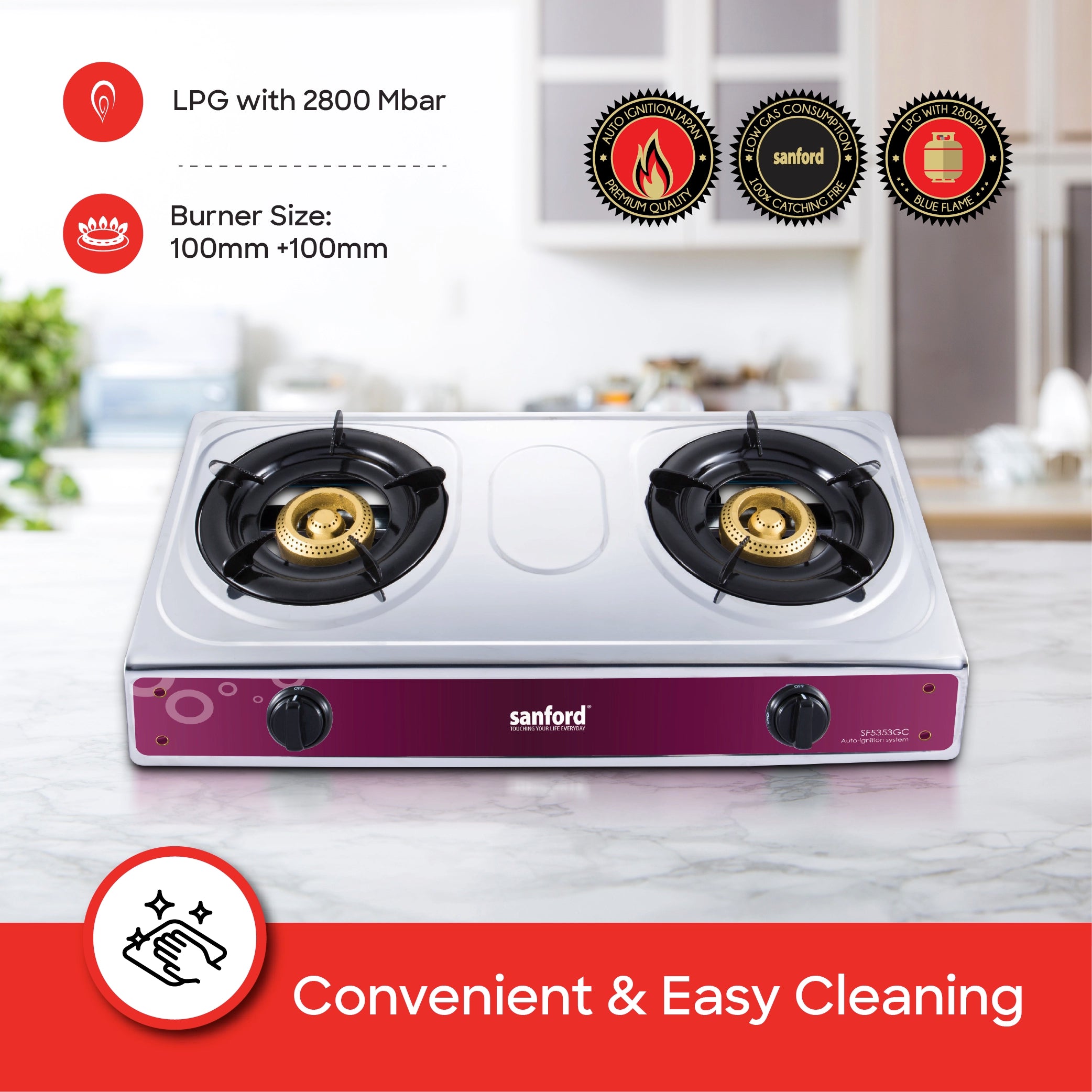 2 burner gas stove stainless steel auto ignition blue flame sanford 4