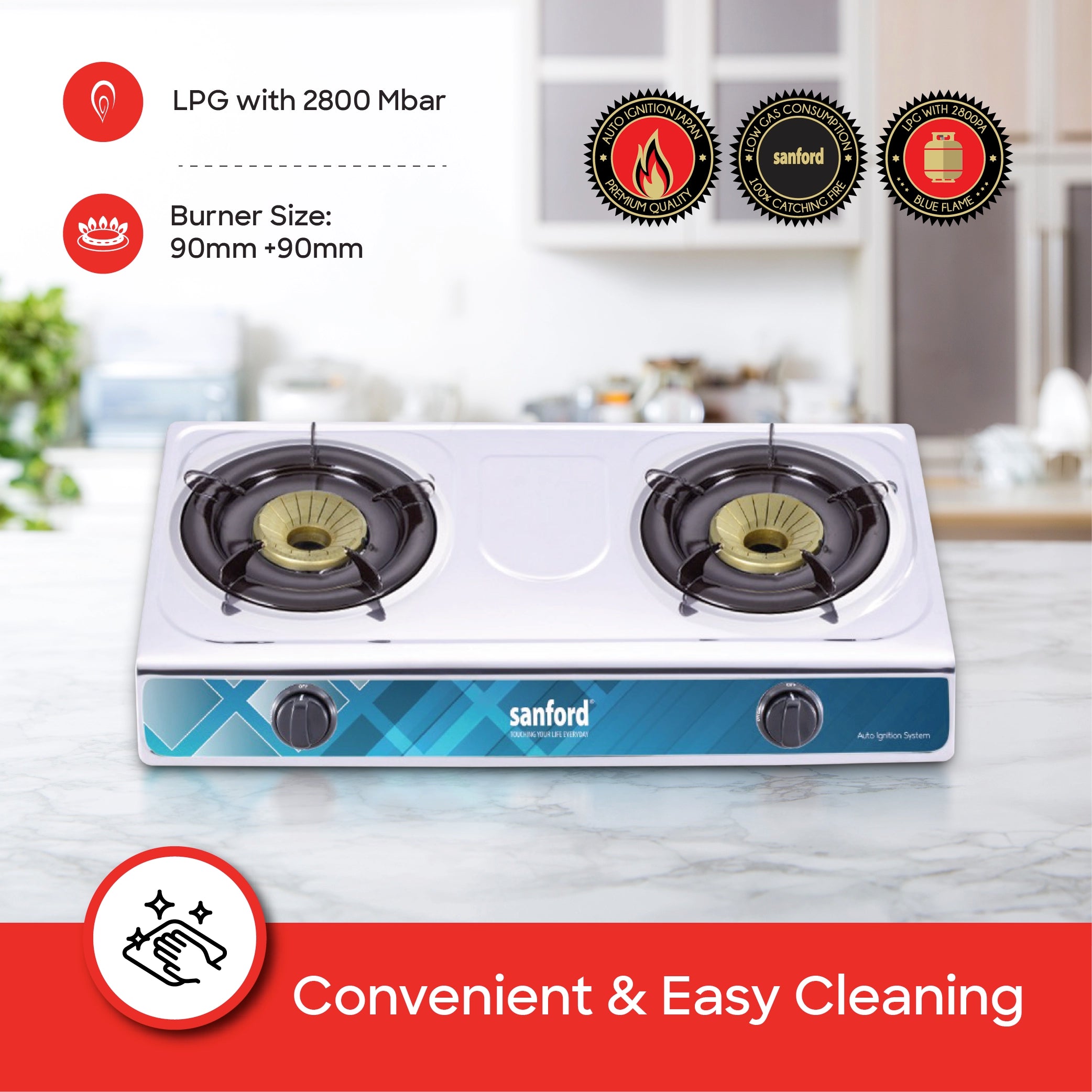 2 burner gas stove with stainless steel body auto ignition and whirl wind sanford 4
