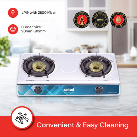 2 burner gas stove with stainless steel body auto ignition and whirl wind sanford 4