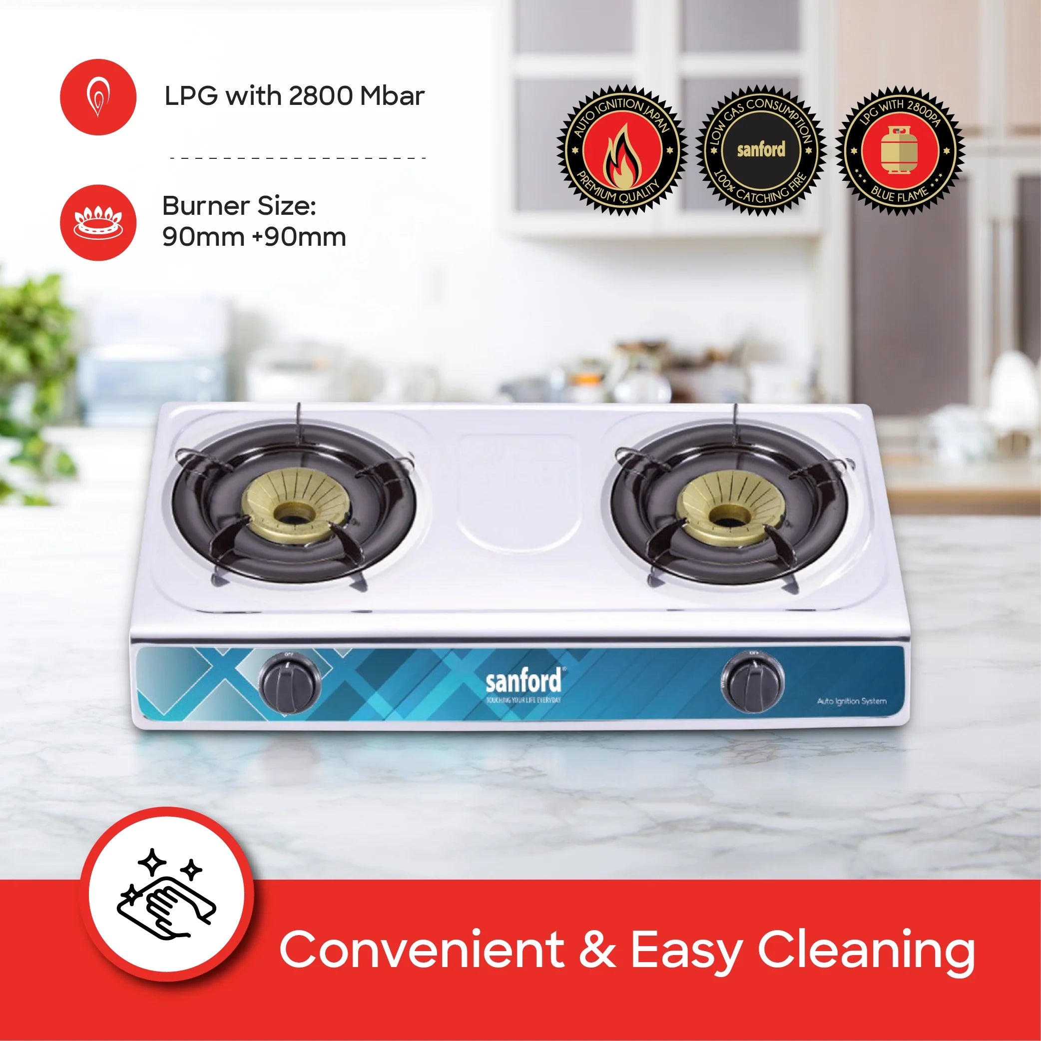 Sanford SF5313GC-B 2 Burner Gas Stove – convenient & easy cleaning feature callout