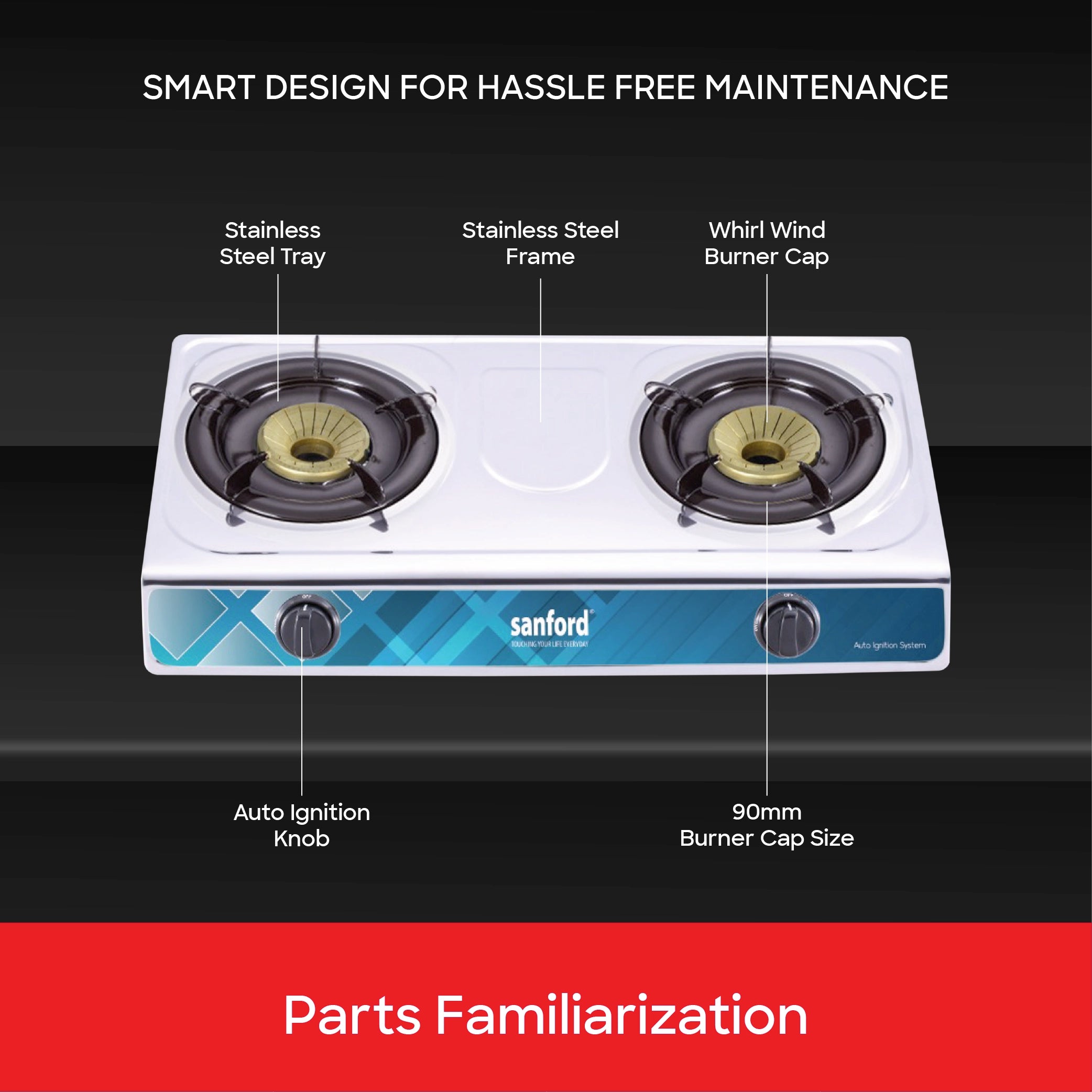2 burner gas stove with stainless steel body auto ignition and whirl wind sanford 5