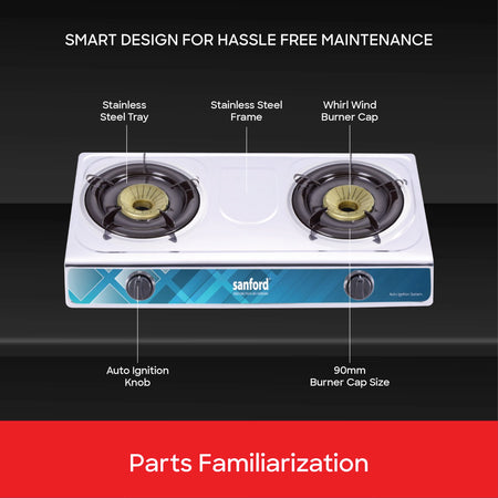 2 burner gas stove with stainless steel body auto ignition and whirl wind sanford 5