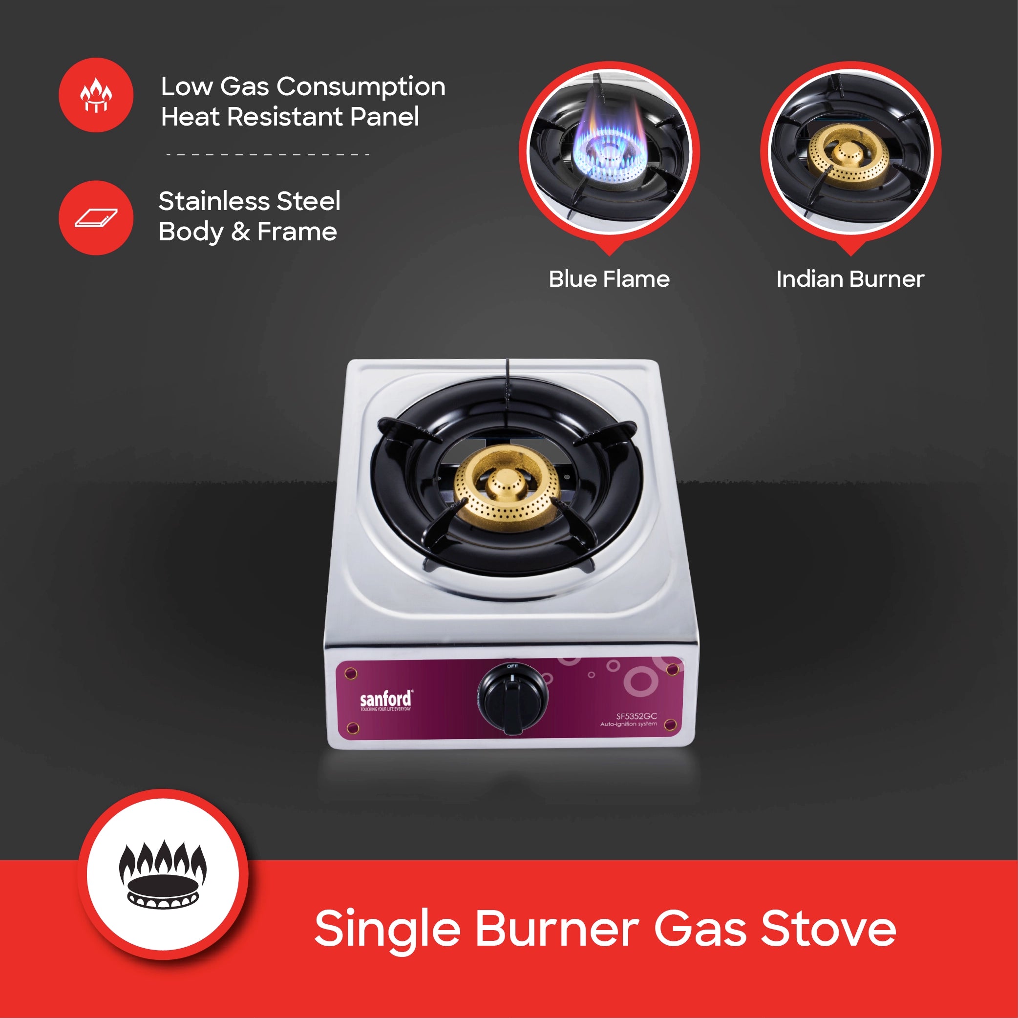 1 burner gas stove stainless steel body auto ignition compact sanford 3
