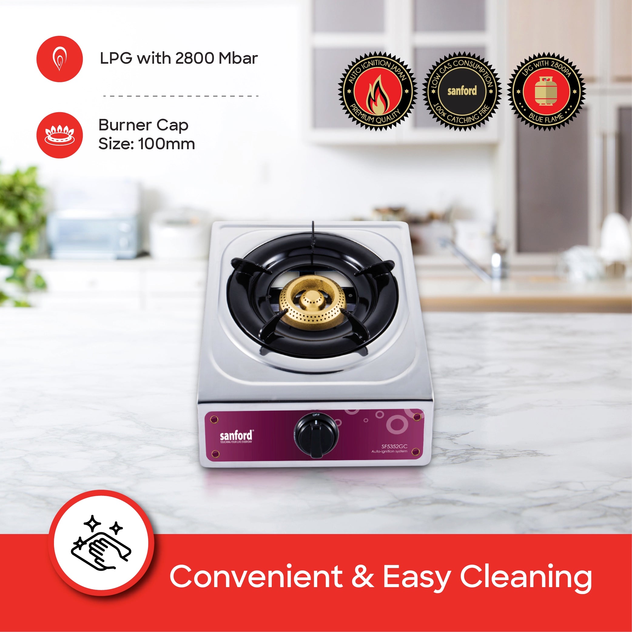1 burner gas stove stainless steel body auto ignition compact sanford 4