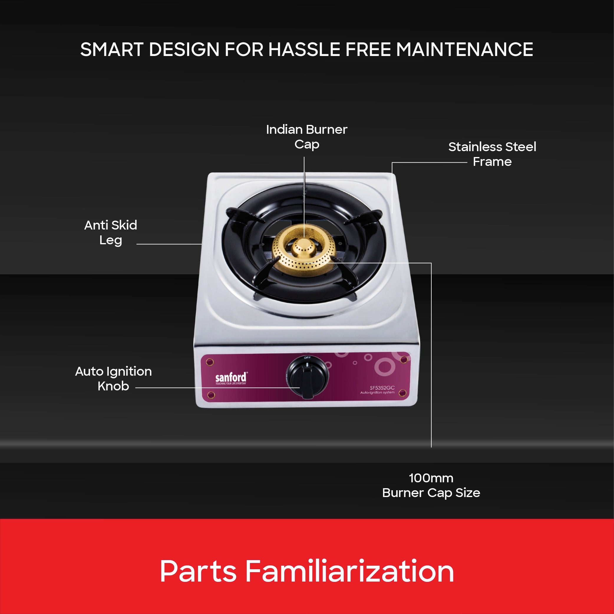 1 burner gas stove stainless steel body auto ignition compact sanford 5