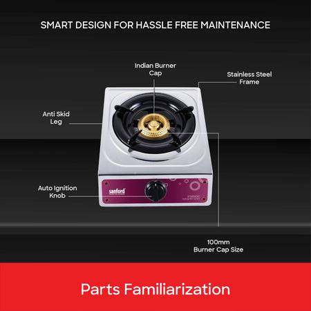 1 burner gas stove stainless steel body auto ignition compact sanford 5