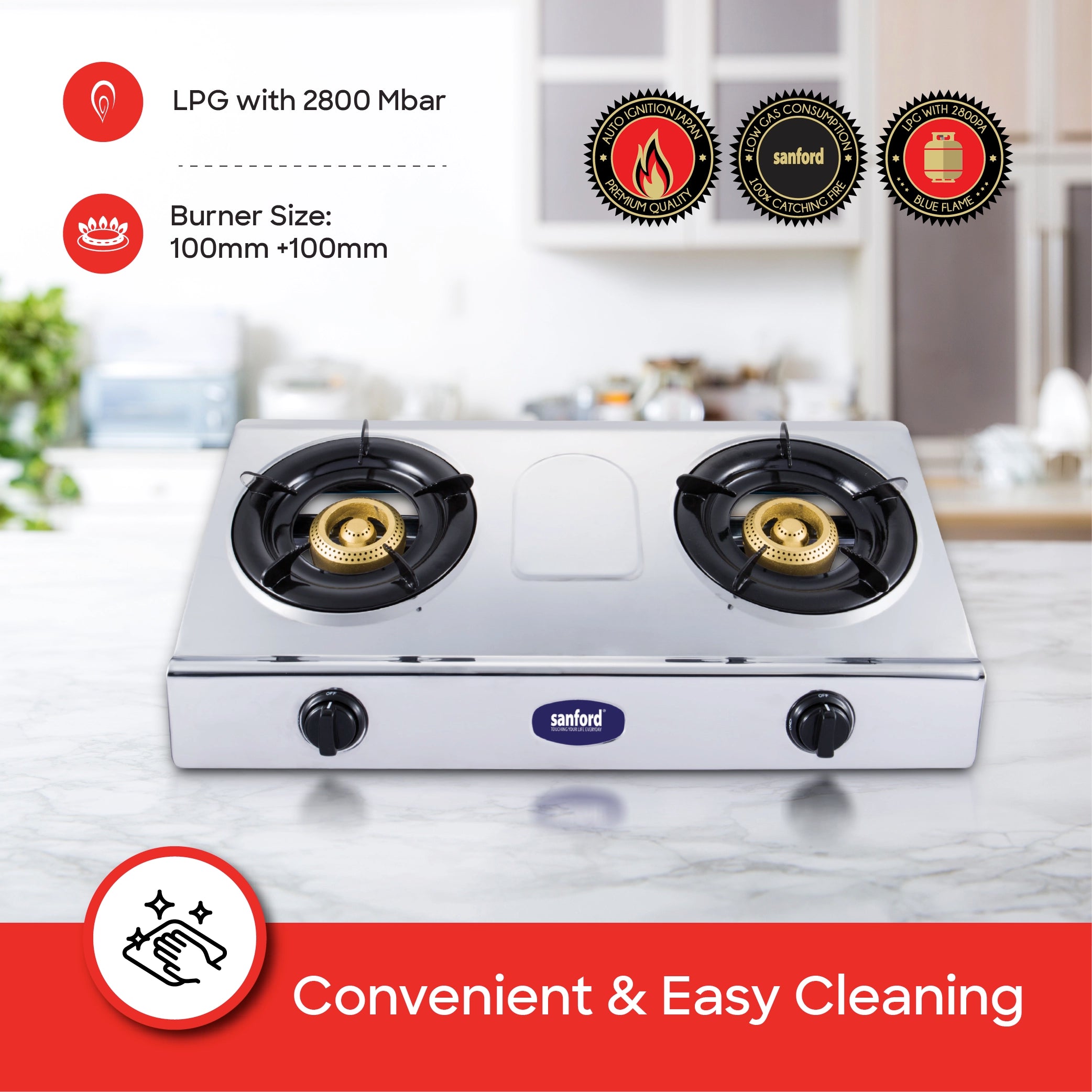 2 burner gas stove stainless steel body auto ignition heavy duty burners sanford 4