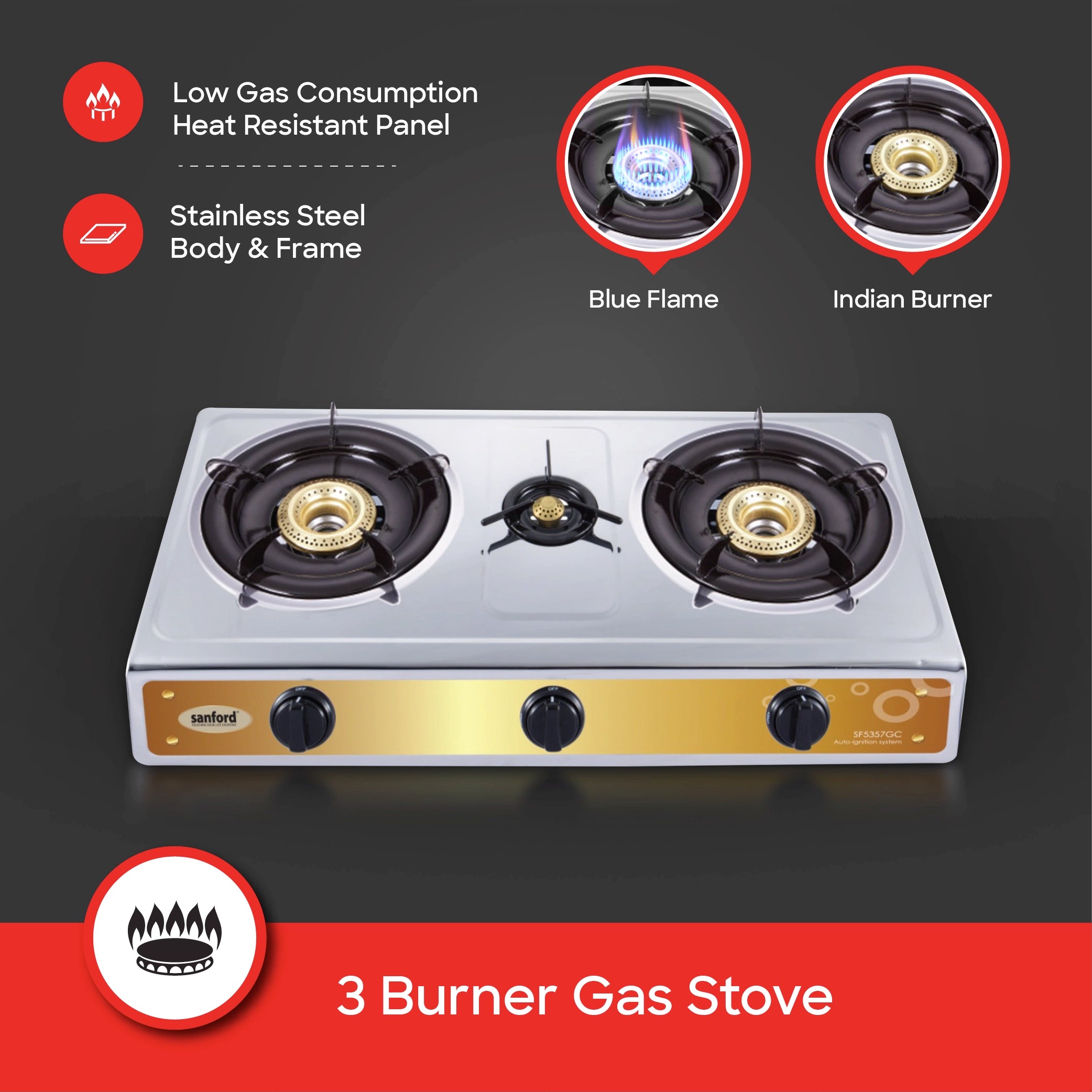 3 burner gas stove stainless steel auto ignition Blue Flame sanford 3