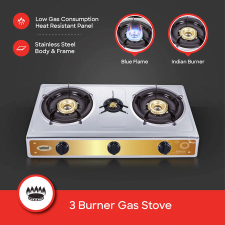 3 burner gas stove stainless steel auto ignition Blue Flame sanford 3