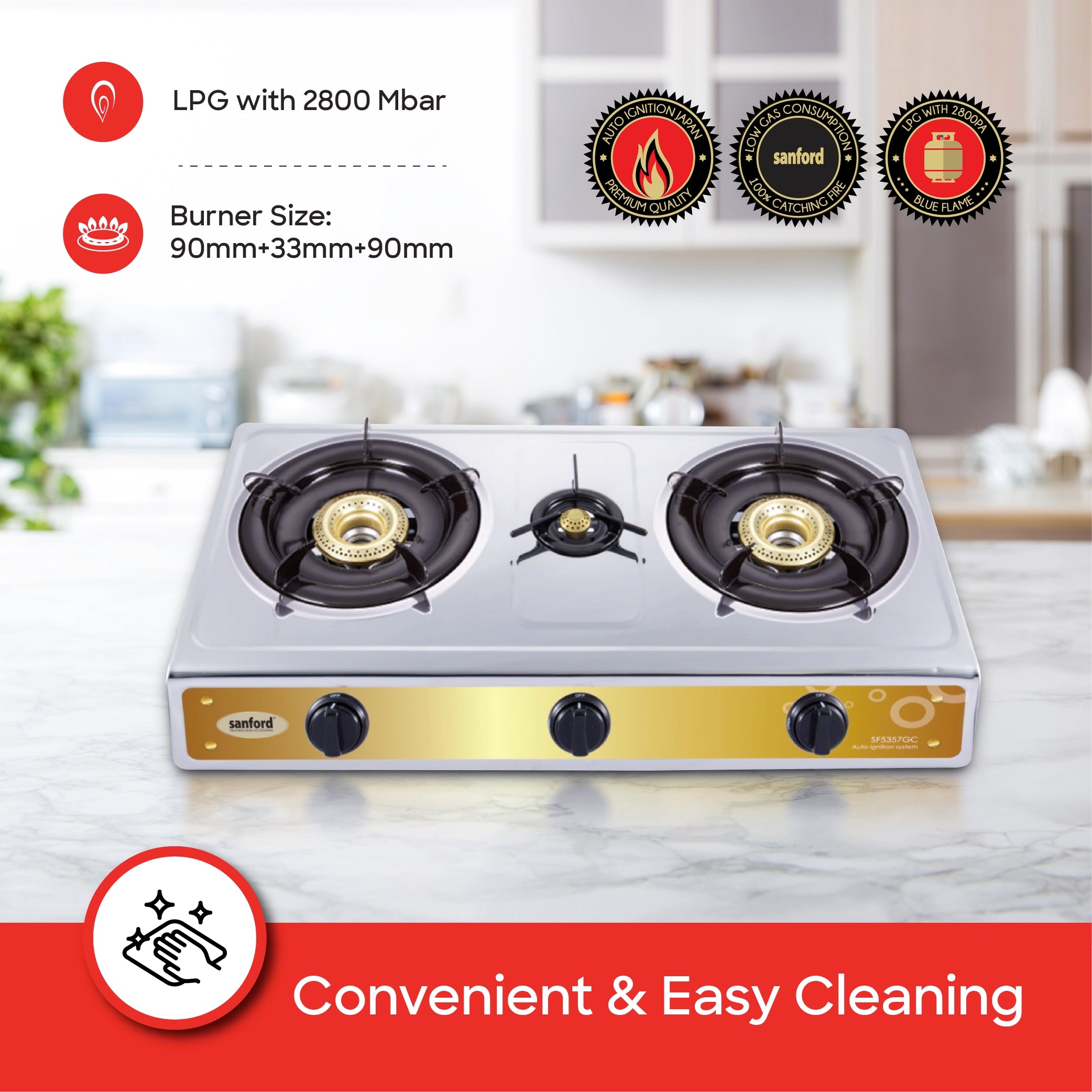 3 burner gas stove stainless steel auto ignition Blue Flame sanford 4
