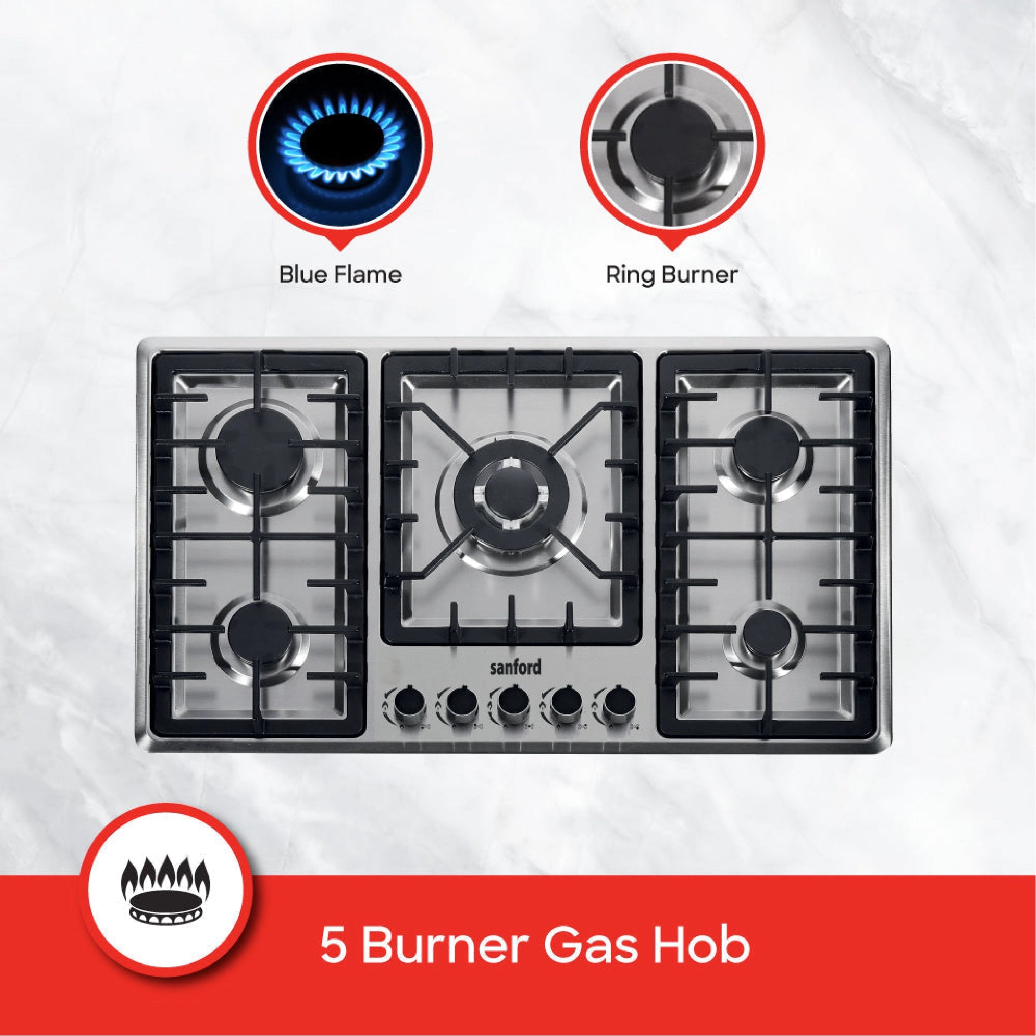5 burner gas hob with stainless steel cast iron support & auto ignition sanford 3