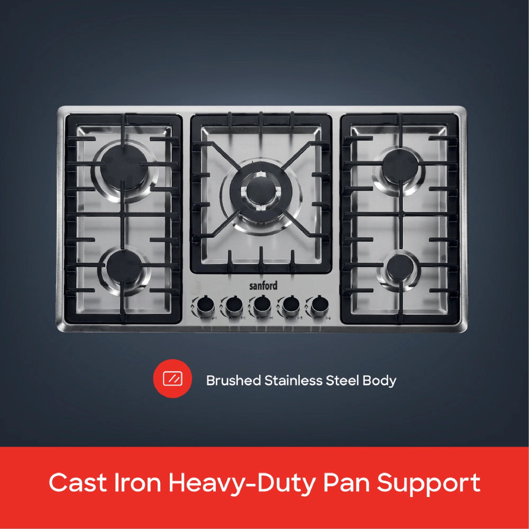5 burner gas hob with stainless steel cast iron support & auto ignition sanford 4