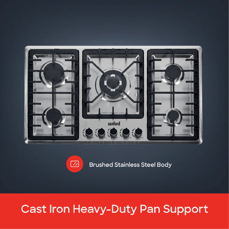 5 burner gas hob with stainless steel cast iron support & auto ignition sanford 4