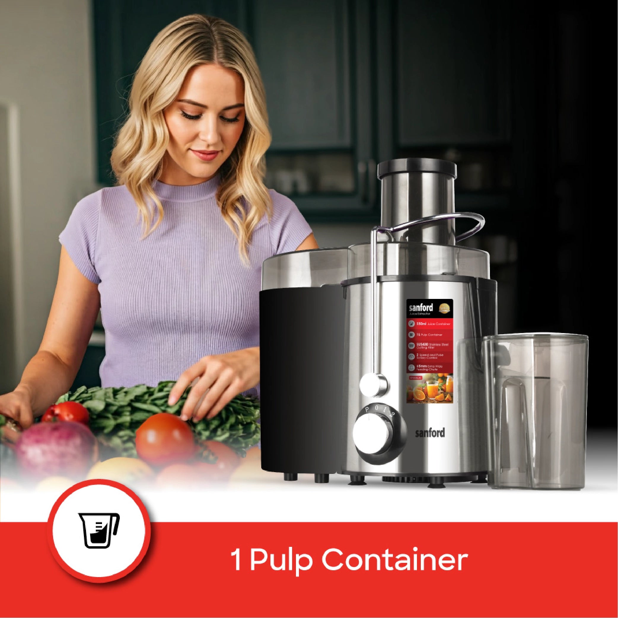 Juice Extractor 65mm Wide Feed Chute Stainless Steel Filter 500W sanford 3