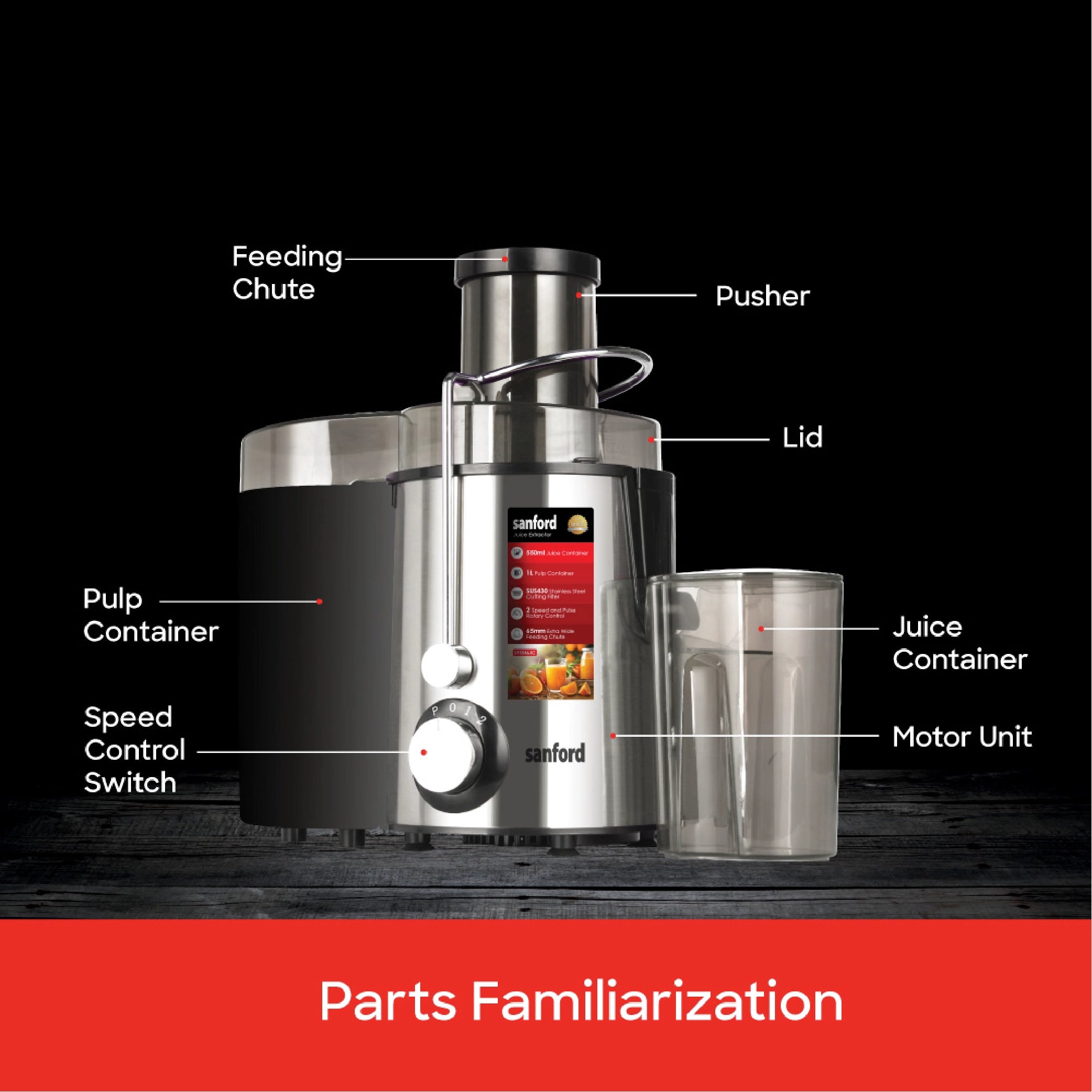 Juice Extractor 65mm Wide Feed Chute Stainless Steel Filter 500W sanford 6