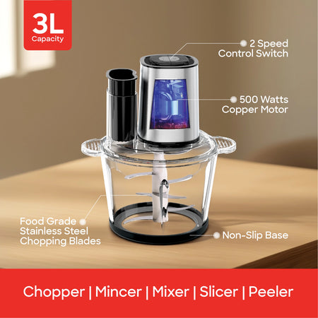 Electric Food Chopper 6 in 1 3L Glass Bowl 500W 2 Speed Multi Function sanford 3