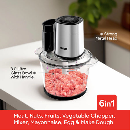 Electric Food Chopper 6 in 1 3L Glass Bowl 500W 2 Speed Multi Function sanford 4