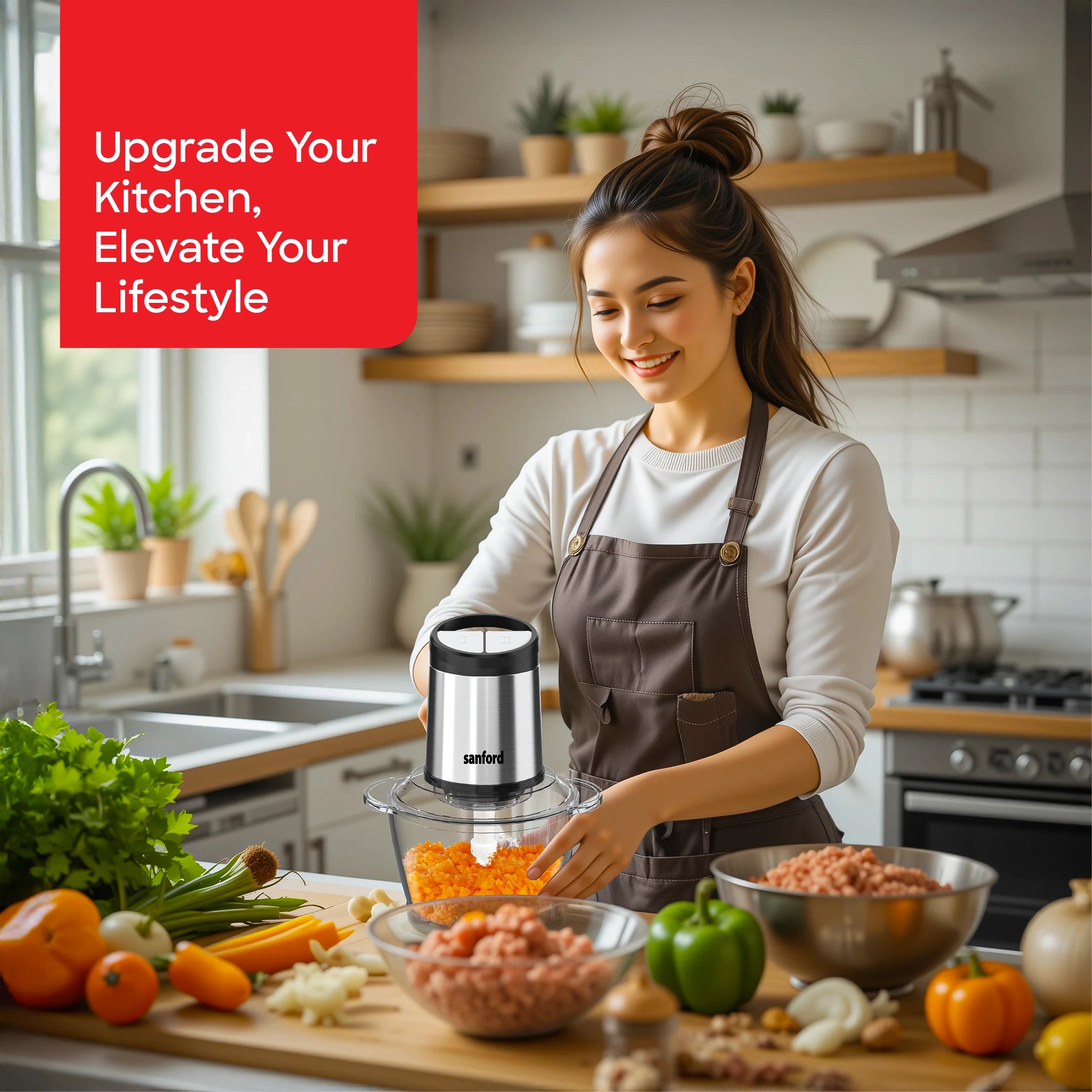 Sanford SF5581FC Food Chopper – lifestyle shot, woman chopping vegetables in the kitchen