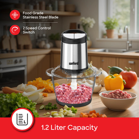Electric Food Chopper 1.2L Glass Bowl 500W 2 Speed Stainless Steel Blade sanford 3