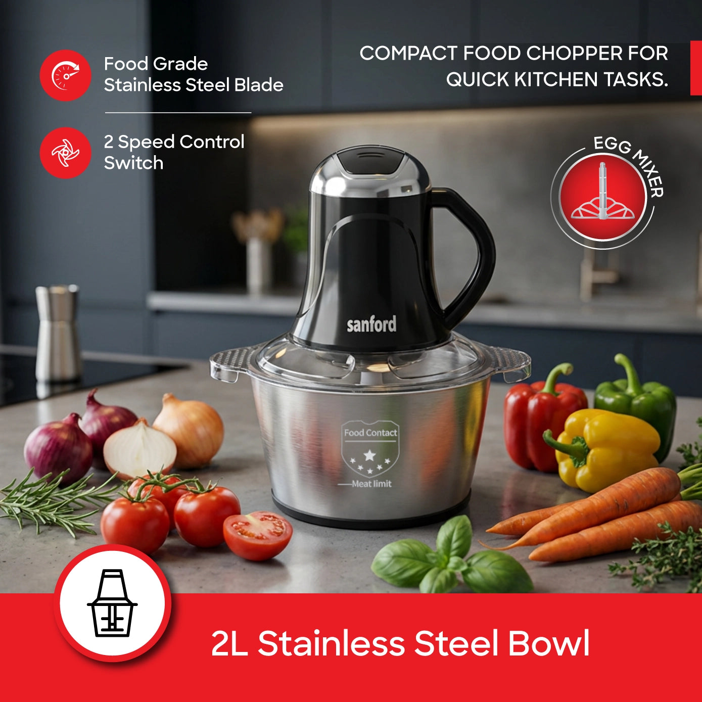 Sanford SF5588FC KC Food Chopper – 2L stainless steel bowl highlighted