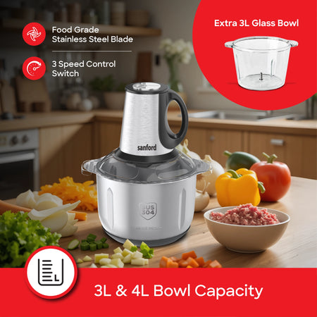 electric food chopper 2 in 1 3L Glass  4L Steel Bowl 600W 3 Speed Sanford 3
