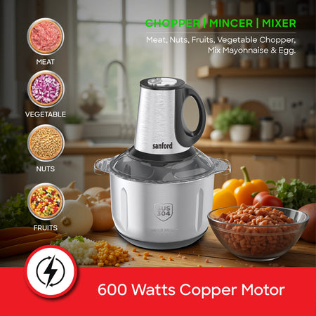 electric food chopper 2 in 1 3L Glass  4L Steel Bowl 600W 3 Speed Sanford 4