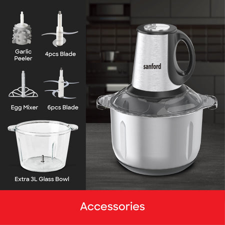 electric food chopper 2 in 1 3L Glass  4L Steel Bowl 600W 3 Speed Sanford 5