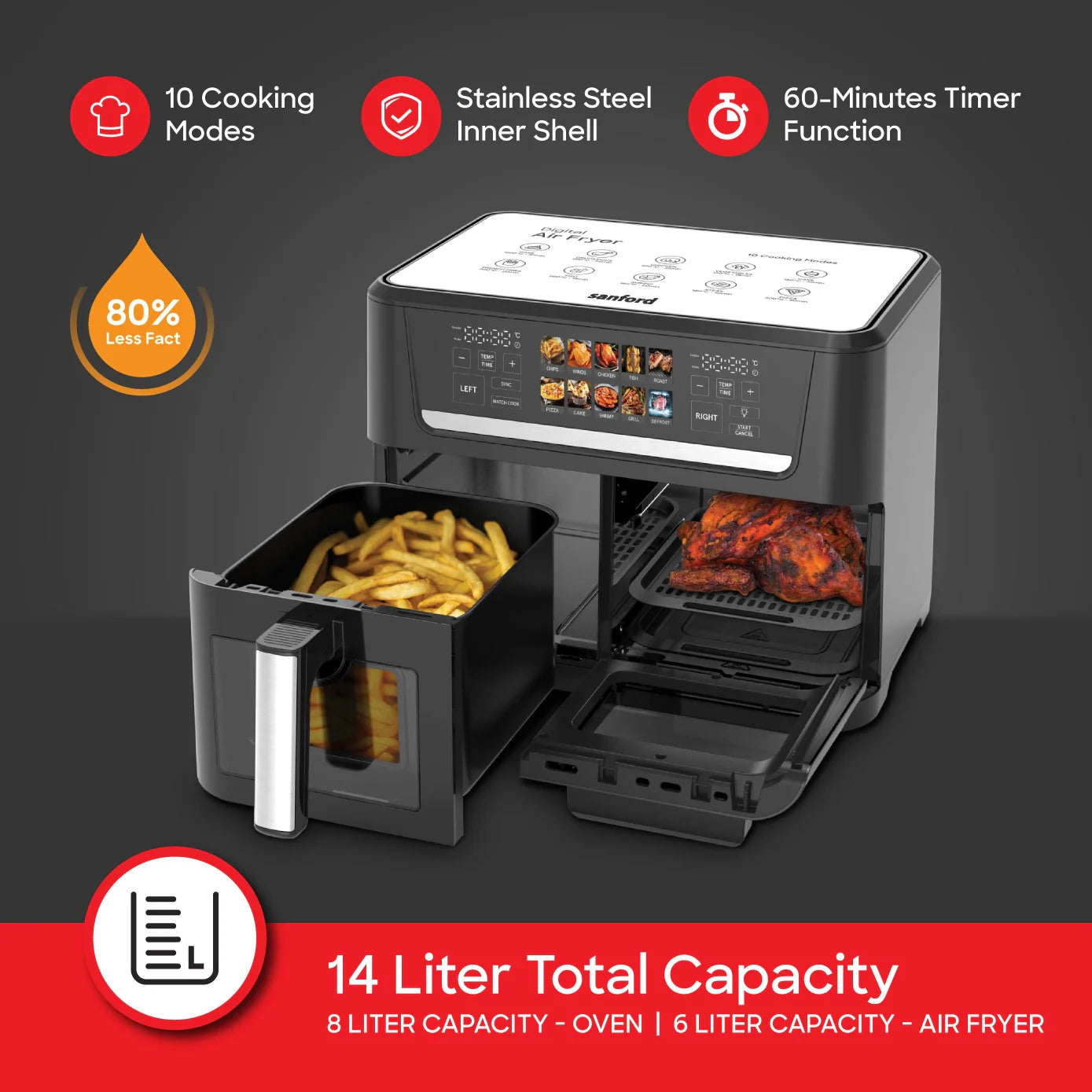 best air fryer oven 14L 10 preset dual 2800W sanford 3