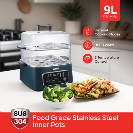 9L food steamer with digital display and 8 preset modes sanford 3