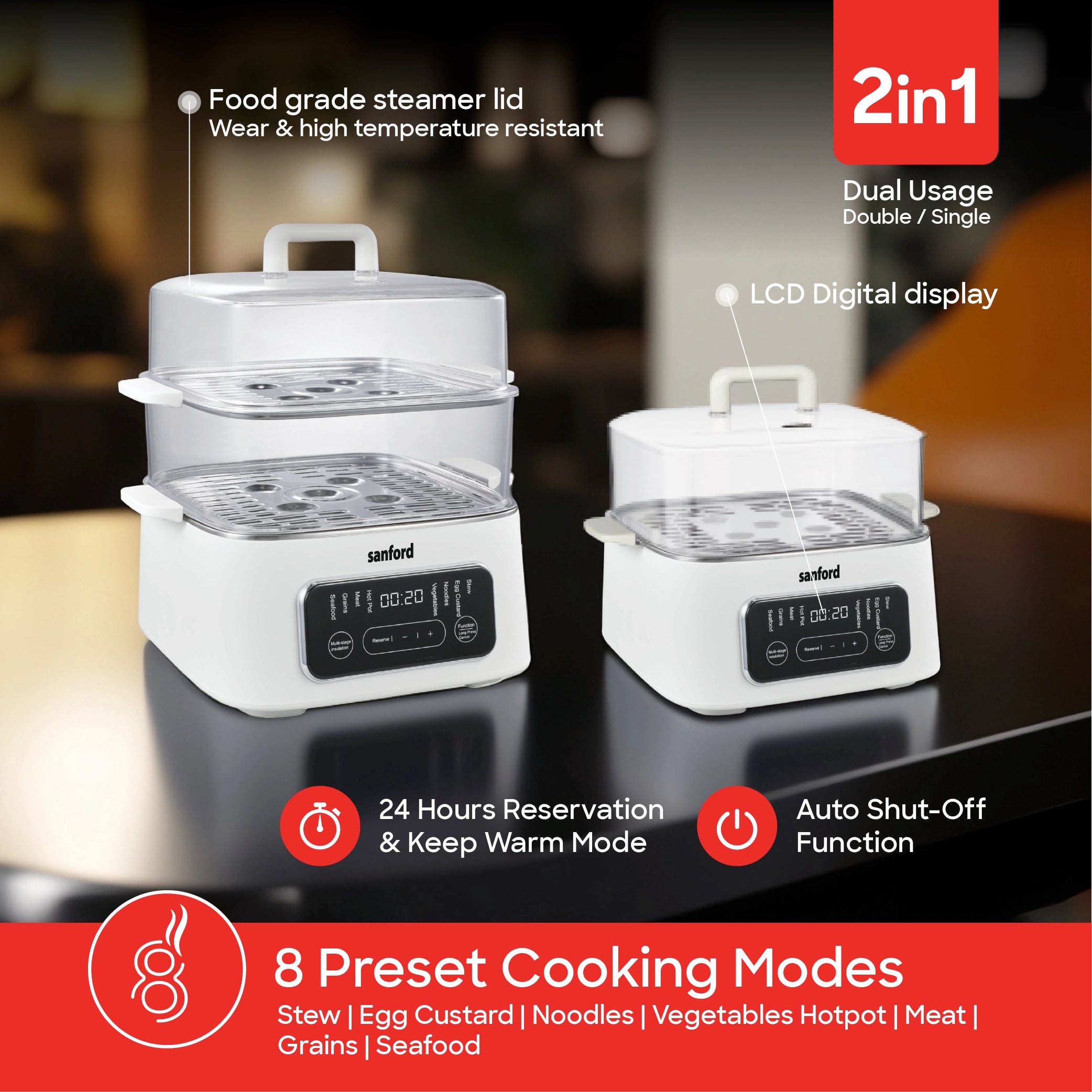 9L food steamer with digital display and 8 preset modes sanford 4