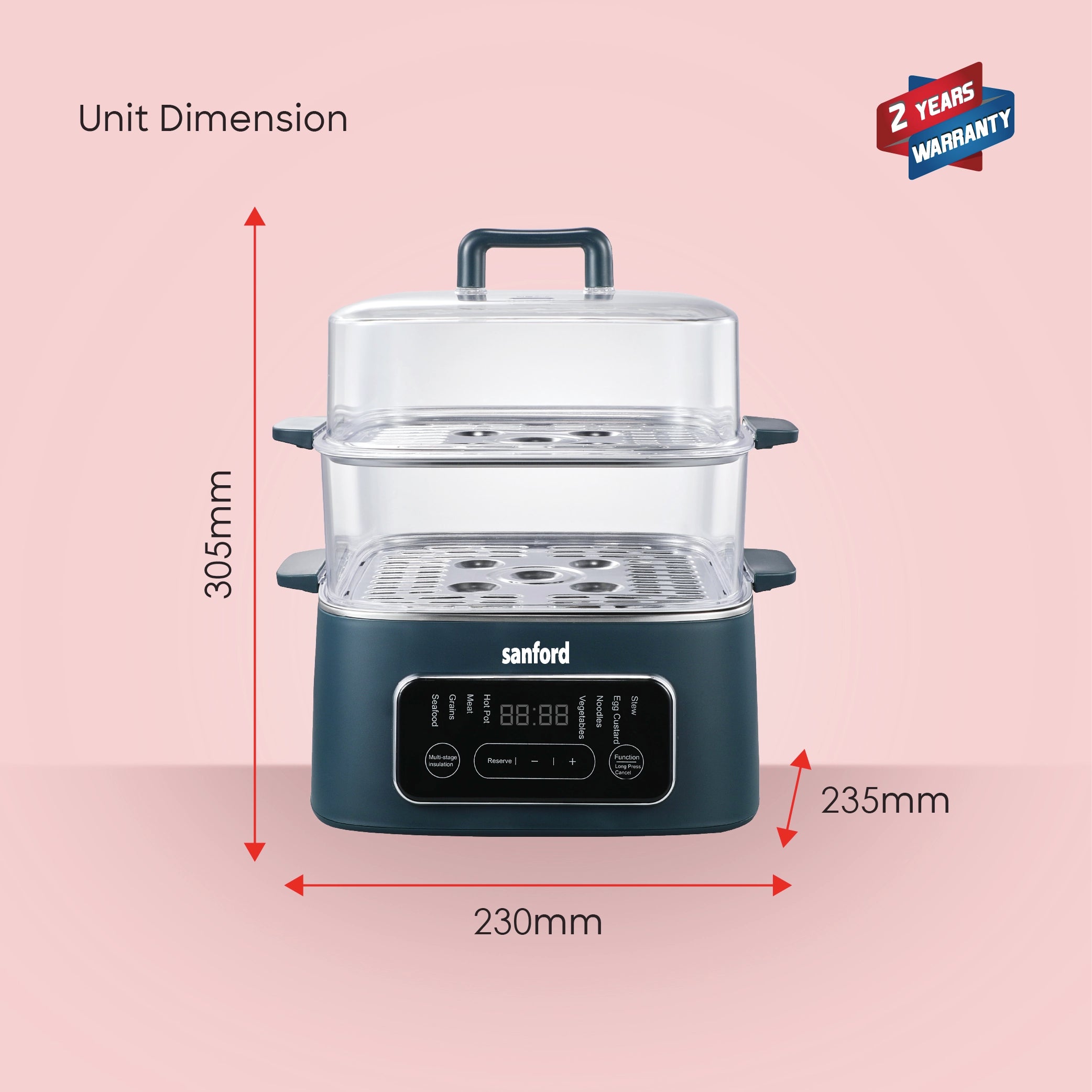9L food steamer with digital display and 8 preset modes sanford 7