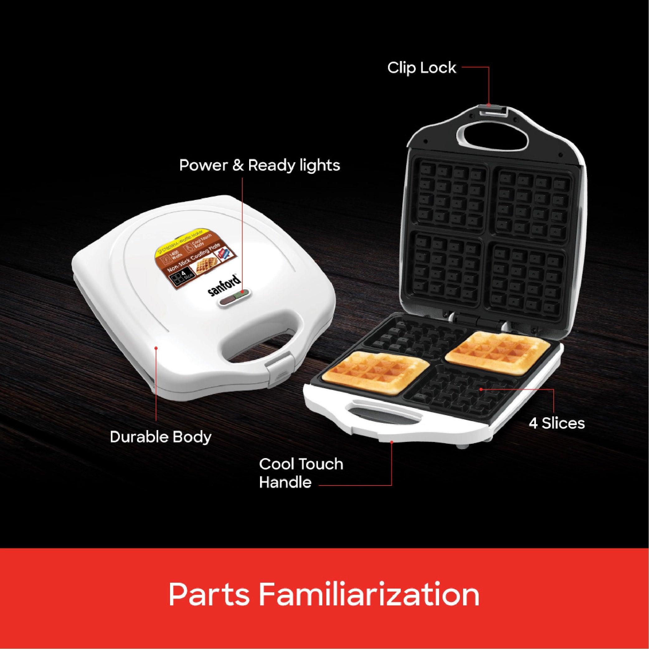 Electric waffle maker 4 slice with non stick plates 1400W thermostatic control sanford 5