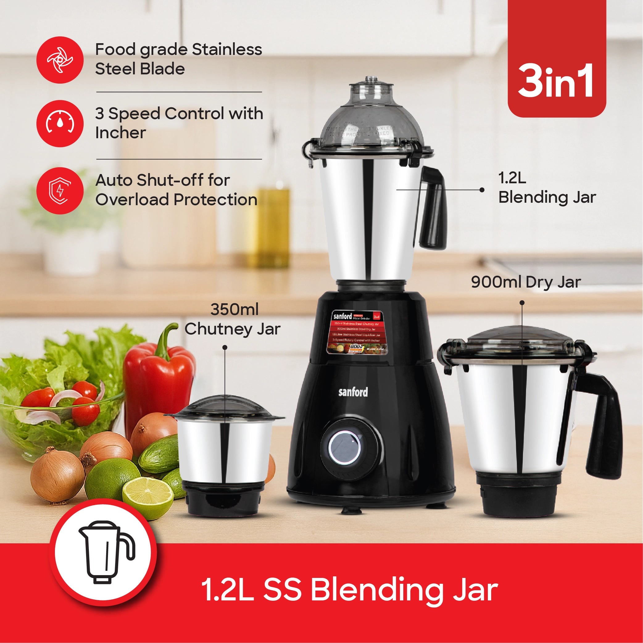 3 in 1 mixer grinder with stainless steel jars 800W sanford 3