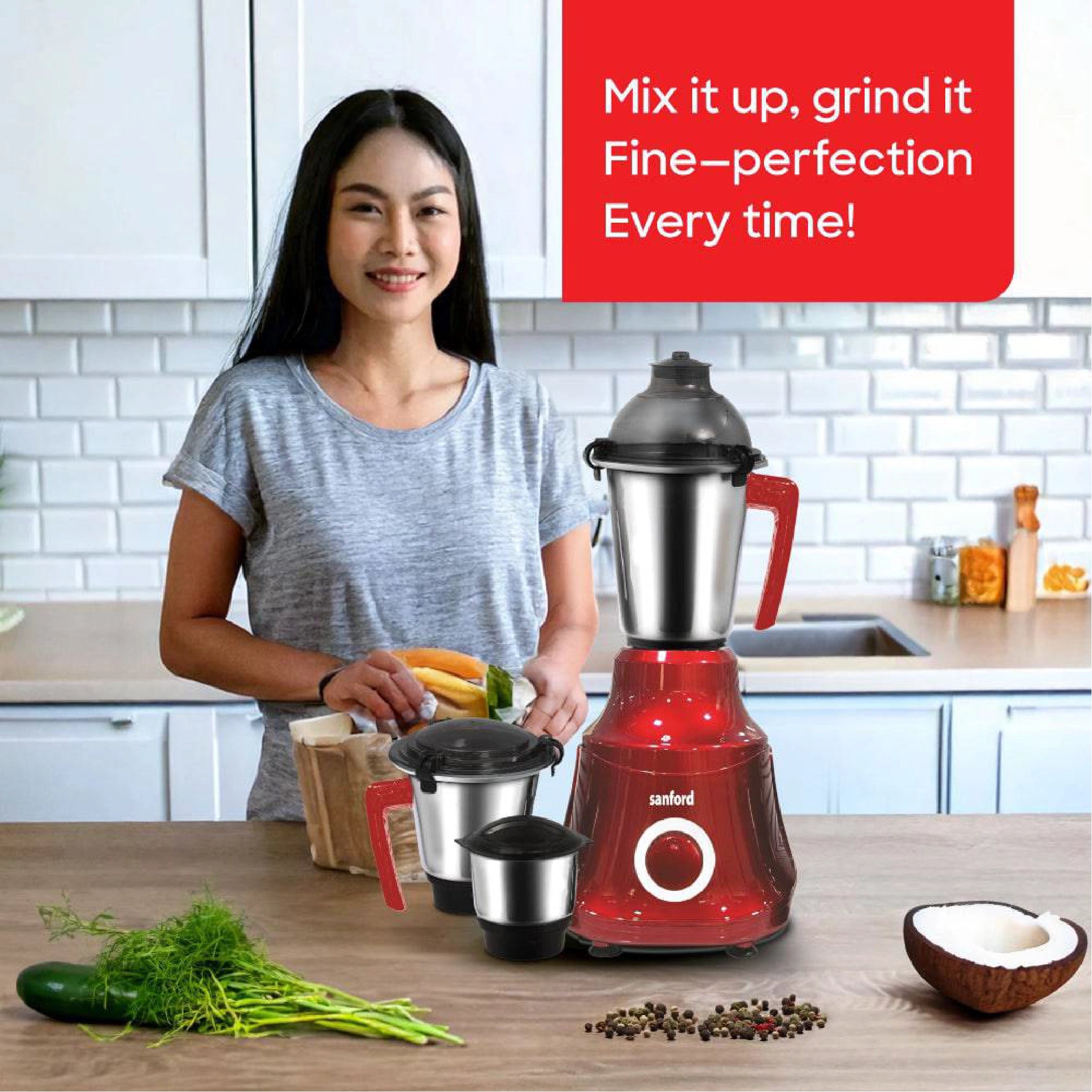 Sanford SF5902GM 3-in-1 Mixer Grinder – lifestyle shot, woman grinding spices in the kitchen